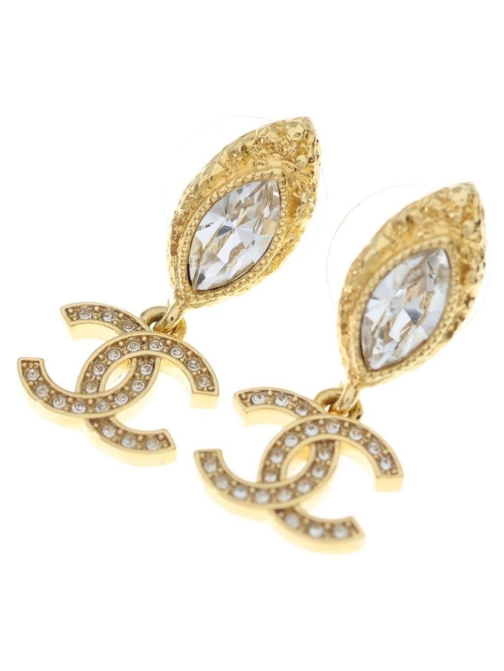 Chanel CC Logo Rhinestone Drop Earrings Gold